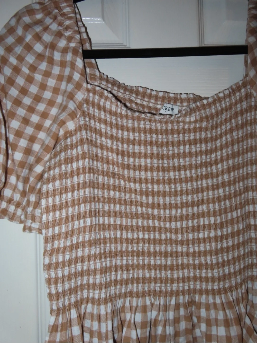 J. Crew Tan and White Gingham Smocked Puff-Sleeve Top